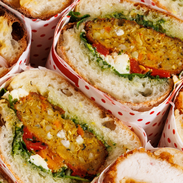 Falafel, roast pumpkin and capsicum, fresh herbs, cucumber and hummus on a Humble ciabatta.