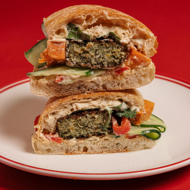 Falafel, roast pumpkin and capsicum, fresh coriander, cucumber and hummus on a Humble ciabatta.