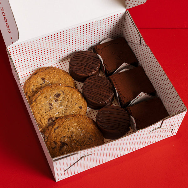 Box containing cookies and chocolate treats from Humble Bakery