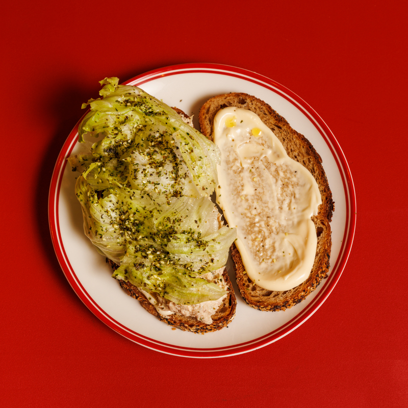 Tuna mayo, Iceberg lettuce, furikake and mayonnaise on Humble wholemeal